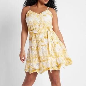NEW Express Women's Yellow Tiered Eyelet Mini Dress size Medium Boho Belted